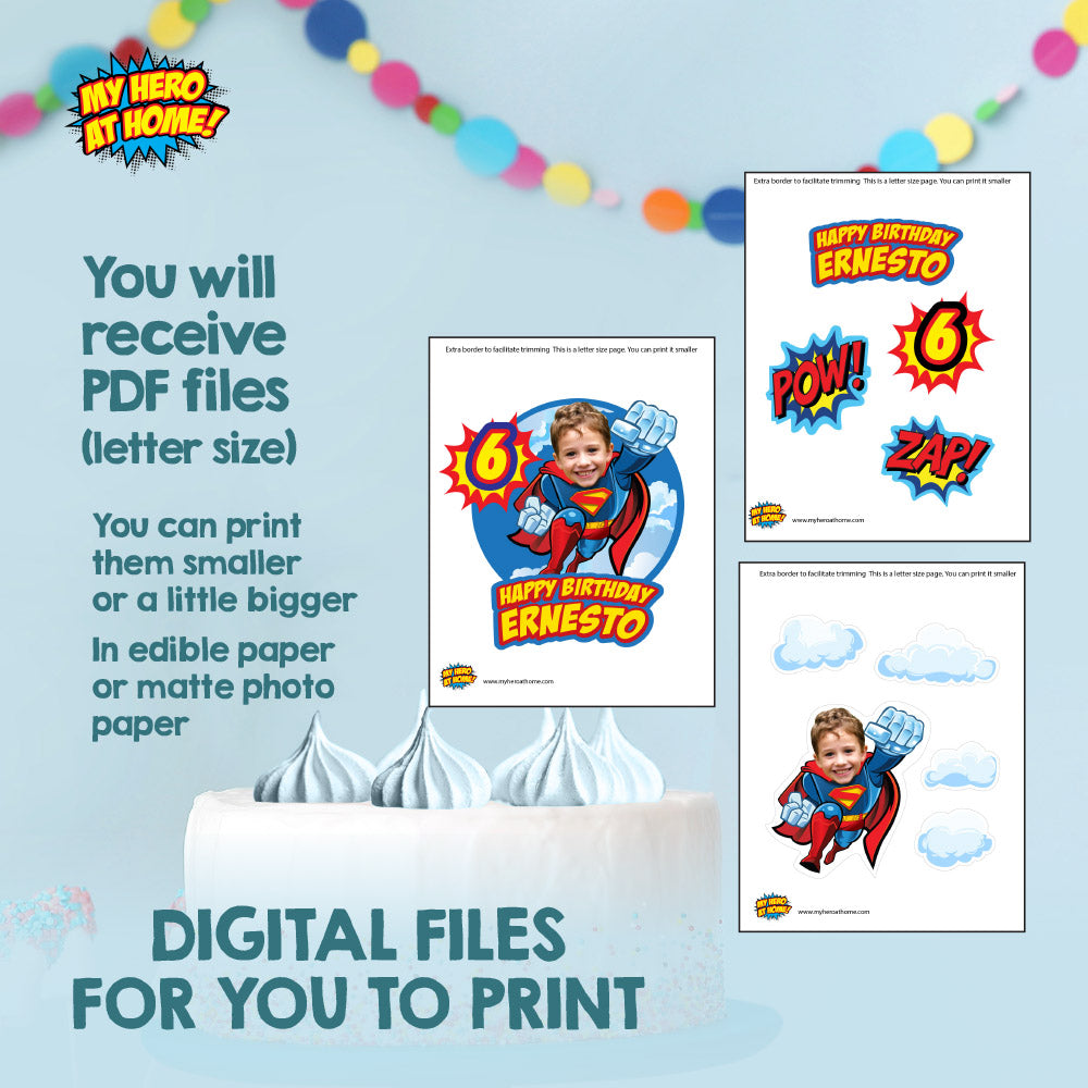 Printable Superman cake decor with your kid as Superman, Superhero easy to do cake, superman themed cake. 2343CT2