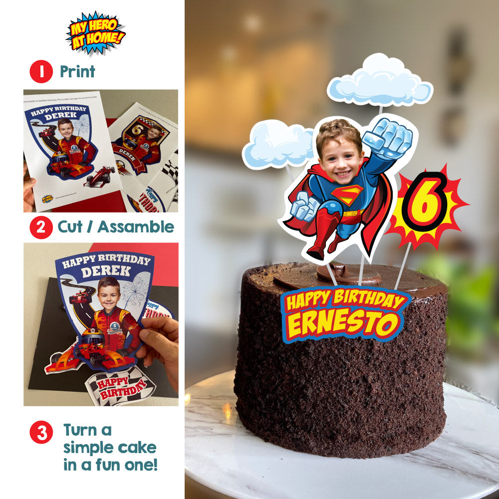 Printable Superman cake decor with your kid as Superman, Superhero easy to do cake, superman themed cake. 2343CT2
