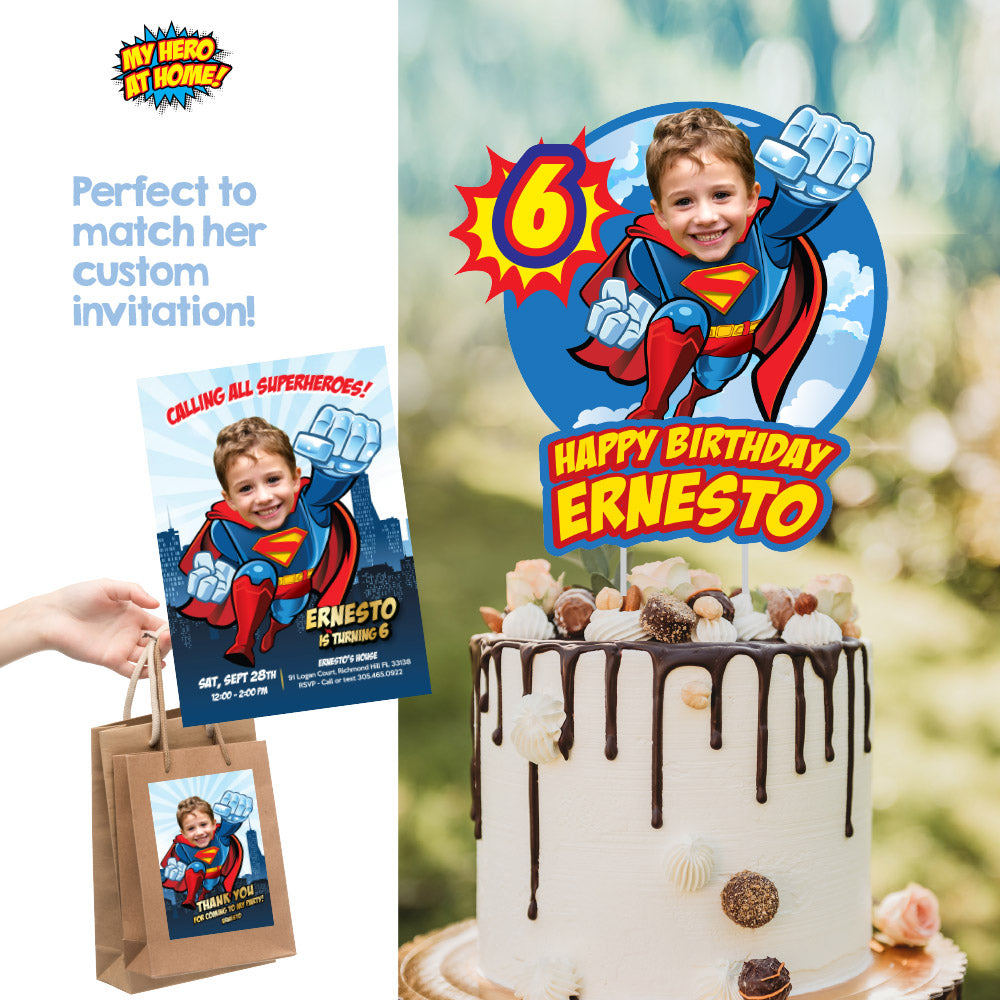 Printable Superman cake decor with your kid as Superman, Superhero easy to do cake, superman themed cake. 2343CT2