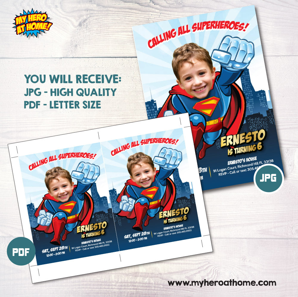 Customized Superman birthday invite with your photo, Superman party template. 2343IN