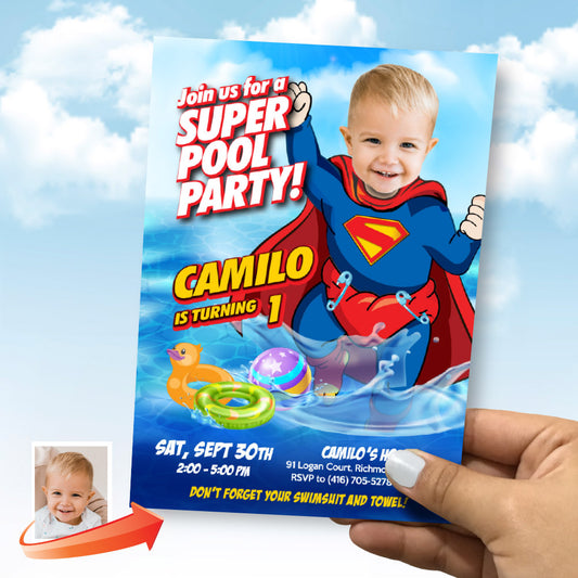 Baby Superman pool party invitation with your photo, Baby Superman photo Pool birthday invite. 2344IN
