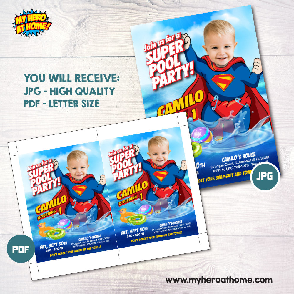 Baby Superman pool party invitation with your photo, Baby Superman photo Pool birthday invite. 2344IN