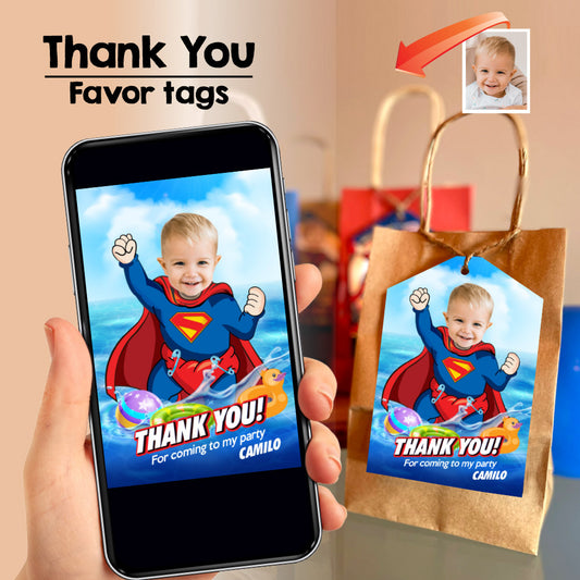 Baby Superman Thank you card, Baby Superman Pool party Favor tags, Super Baby pool party tags. 2344TY
