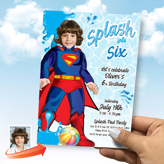 Superman Splash Party Invite with your kid as Superman, Pool party themed Superman. 2349IN