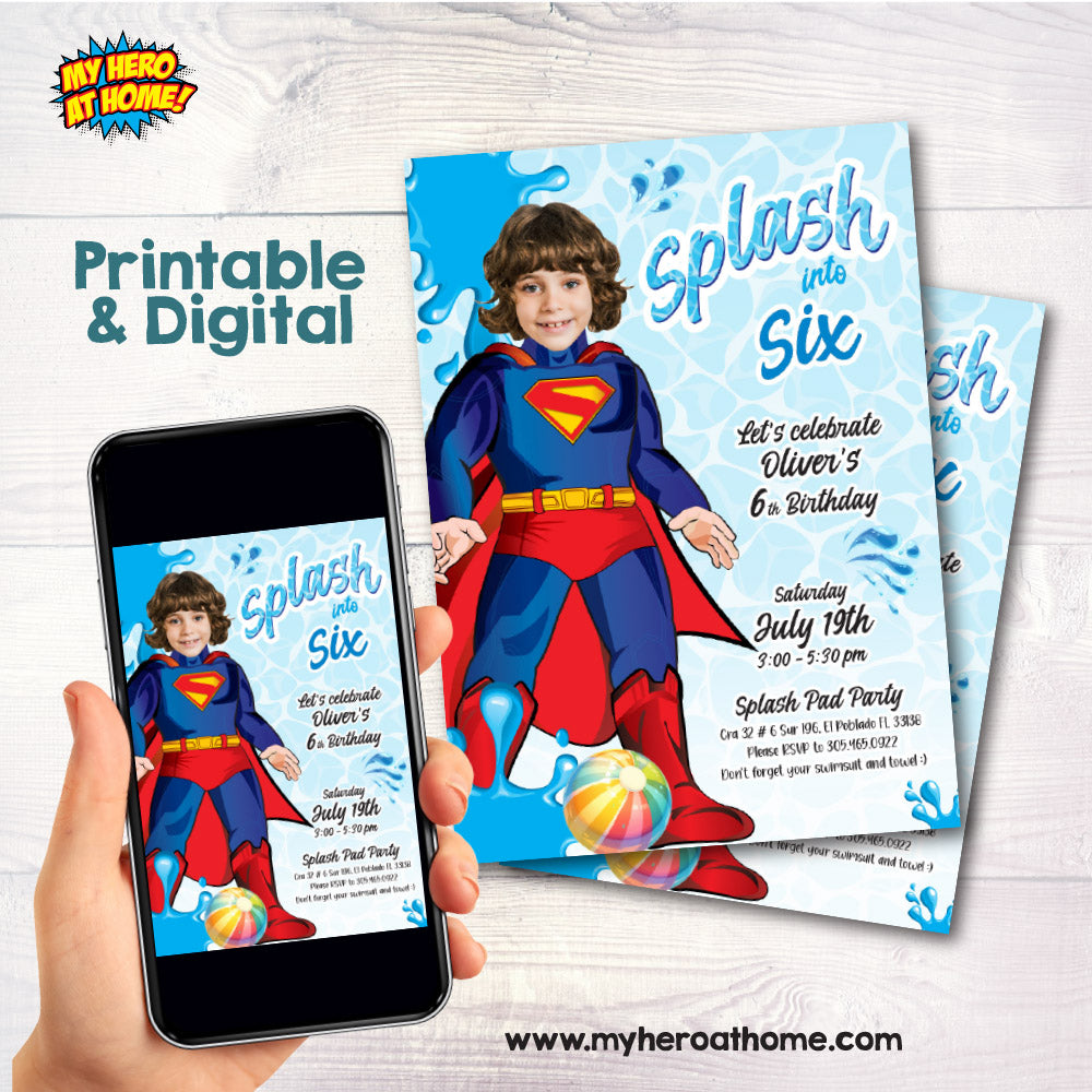 Superman Splash Party Invite with your kid as Superman, Pool party themed Superman. 2349IN