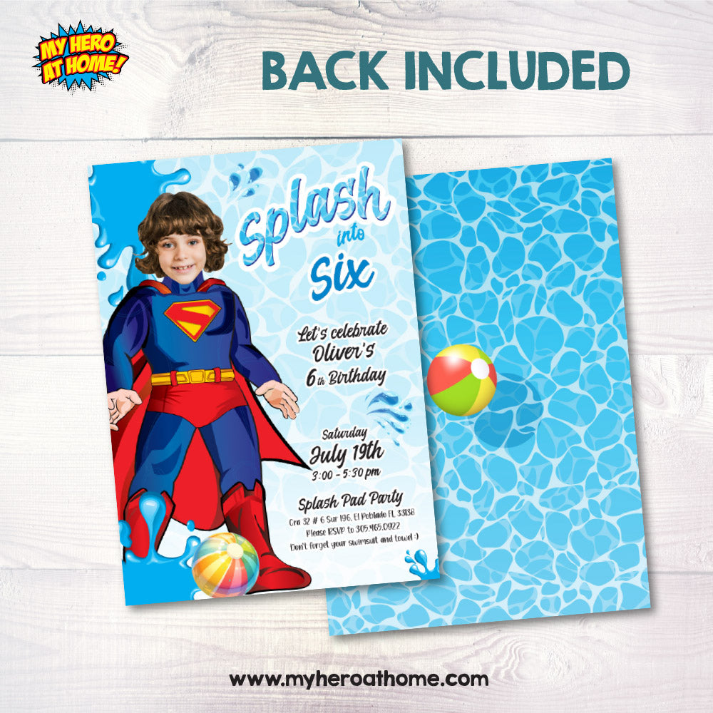Superman Splash Party Invite with your kid as Superman, Pool party themed Superman. 2349IN