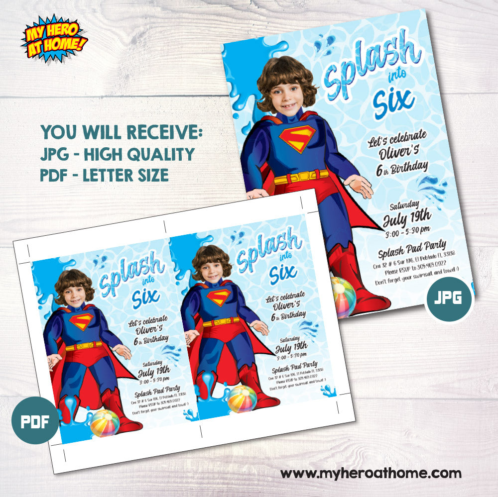 Superman Splash Party Invite with your kid as Superman, Pool party themed Superman. 2349IN
