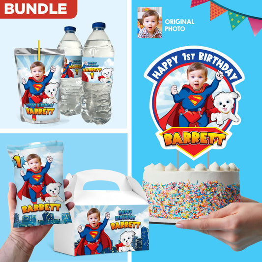Bundle Baby Superman and Krypto Party table matching items, Cake Topper, snacks labels, Chip bags, Gable box, drink labels. 2351B1