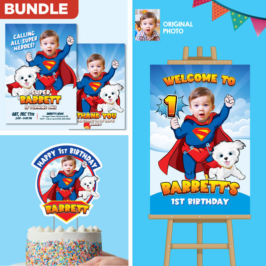 Bundle Baby Superman and Krypto 1st Birthday with your baby as the star, Invitation and Thank you, Cake Topper and Welcome Sign. 2351B2