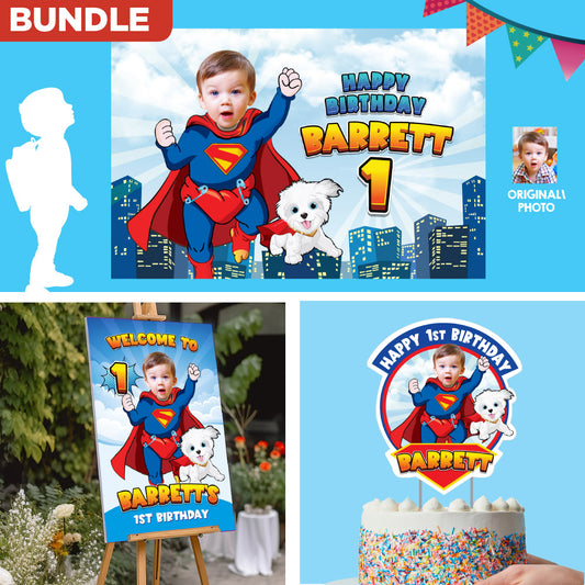 Bundle Baby Superman and Krypto Party decoration with your baby as the star, Custom banner Backdrop, Cake Topper and Welcome Sign. 2351B4