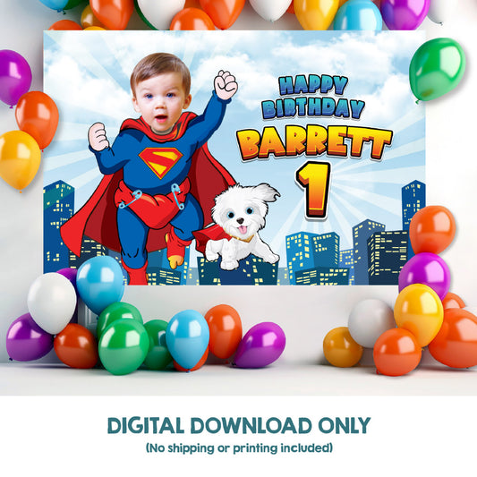 Baby Superman and Krypto Banner with your photo, Custom Superman and Krypto 1st Birthday Backdrop. 2351BB