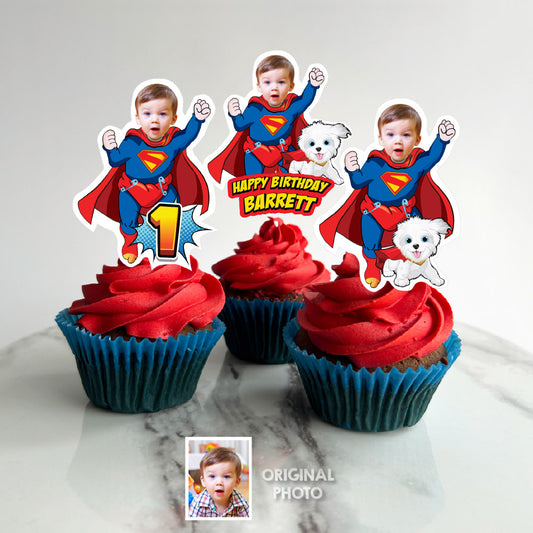 Super Baby and Krypto Cupcake Toppers with your Photo, Baby Superman with Krypto 1st Party Cupcakes. 2351CK