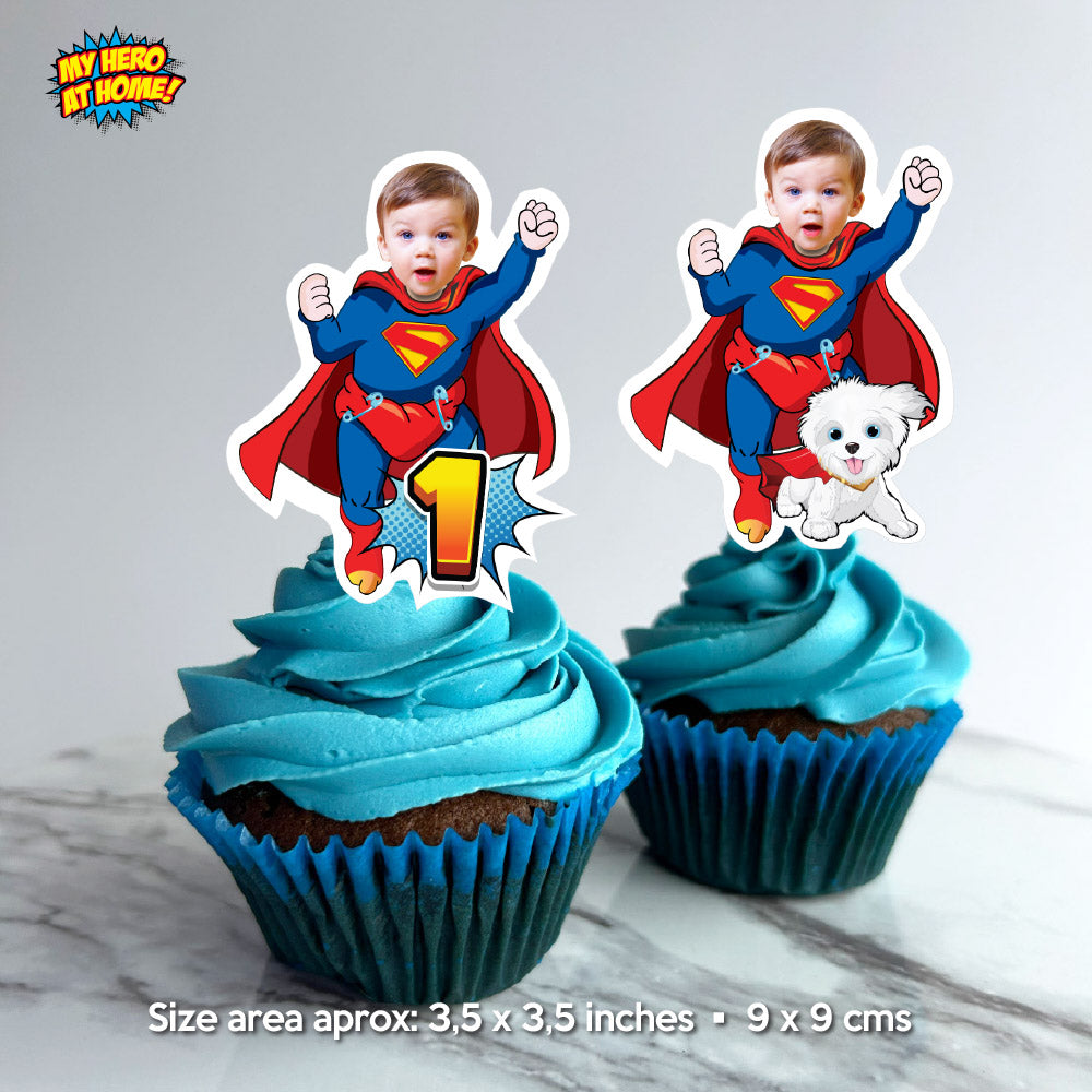Super Baby and Krypto Cupcake Toppers with your Photo, Baby Superman with Krypto 1st Party Cupcakes. 2351CK