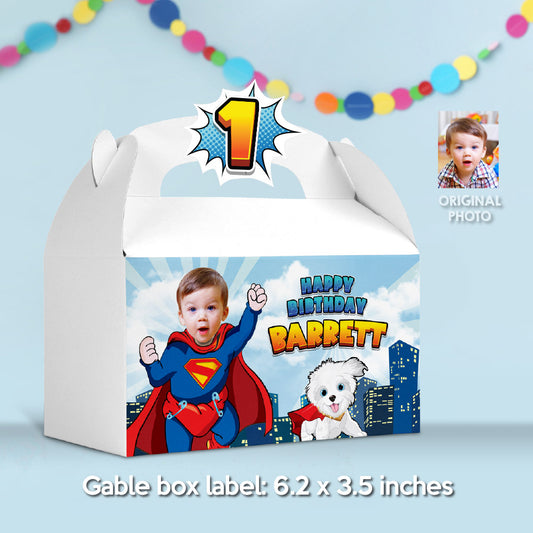 Super Baby Gable Box Candy box label, Baby Superman and Krypto Gift Box with photo, Superman 1st birthday party favors. 2351GB