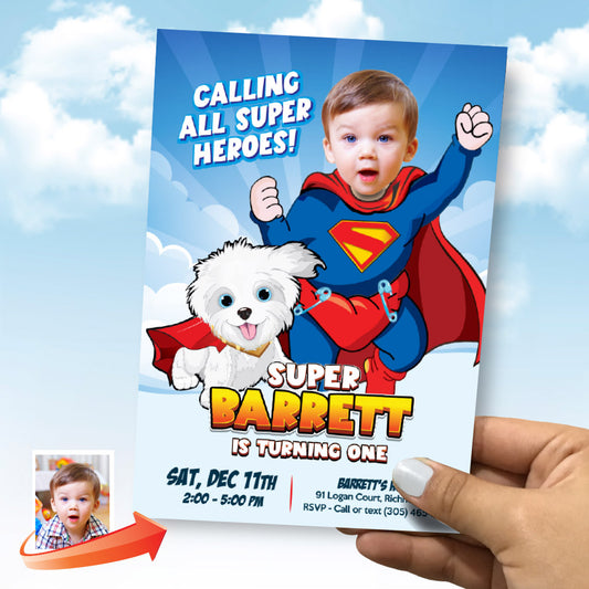 Baby Superman and Puppy Kripto birthday invitation with your kid as the star, Baby Superman and pup Kripto theme, Super baby and Kripto party invite. 2351IN