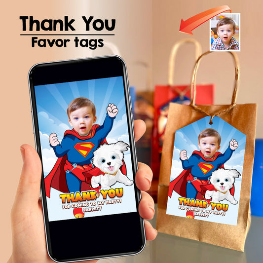 Baby Superman and puppy Kripto Thank you card, Baby Superman and puppy Favor tags, Super Baby and puppy dog party favors tags. 2351TY