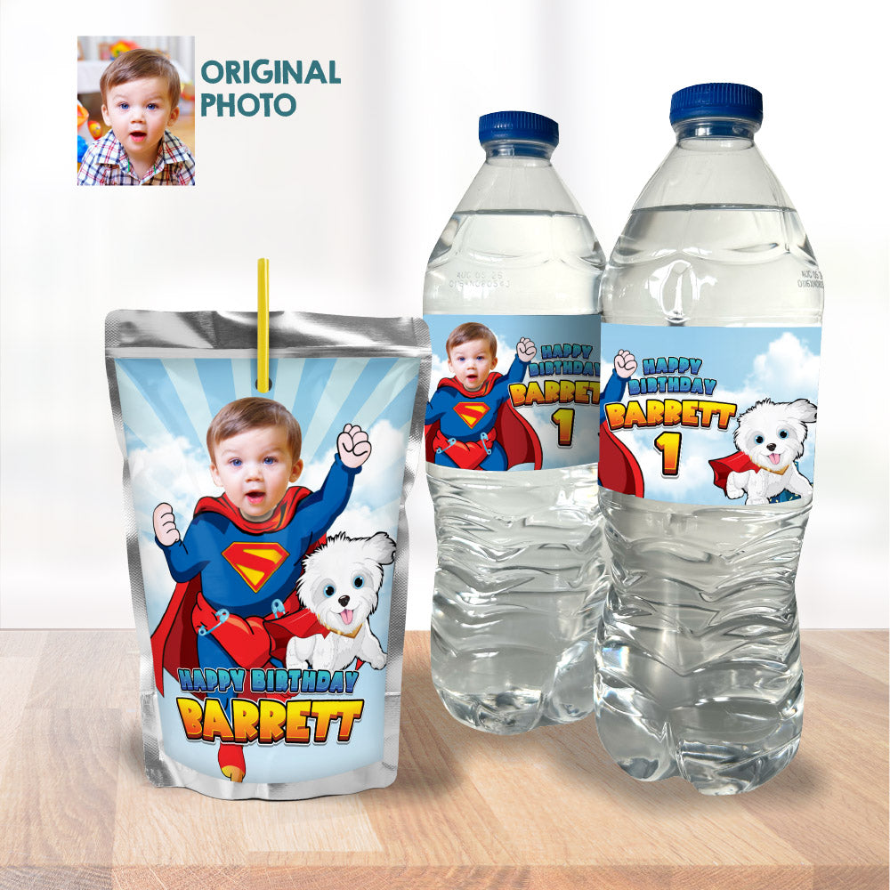 Bundle Baby Superman and Krypto snacks labels, water wrappers and capri sun labels, Potato Chips bags wrapper, Candy box labels. 2351B3
