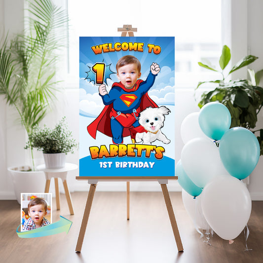 Baby Superman and Krypto Welcome sign with photo, Super baby welcome party, Superman 1st Birthday Sign, Superman and puppy Krypto Party Entrance Print. 2351WS
