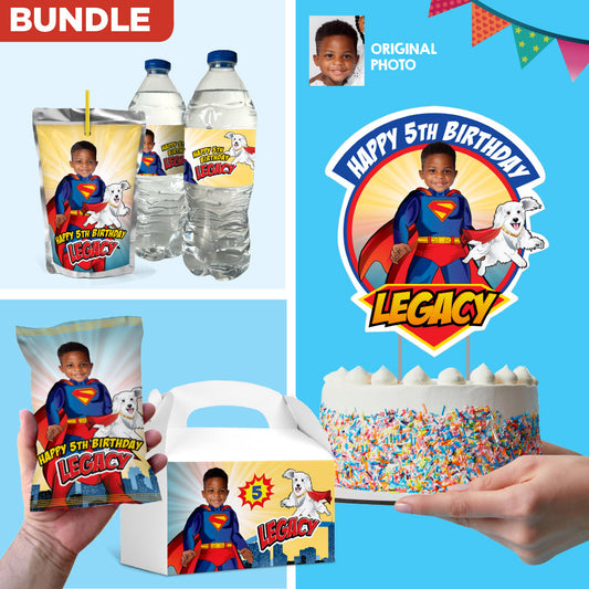 Bundle Superman and Krypto Party table, Cake Topper, snacks labels, Chip bags, Water labels and Gable box. 2352B1