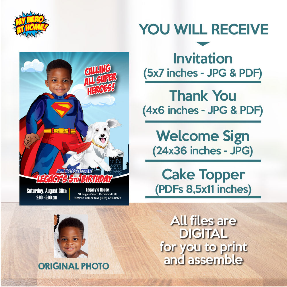 Bundle Superman and Krypto Birthday Matching items, Custom Invitation and Thank you, Cake Topper and Welcome Sign. 2352B2