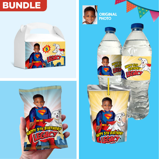 Superman and Krypto snacks labels matching set, young Superman and Krypto water wrappers and Juice pouches, Chip bags and gable boxes. 2352B3