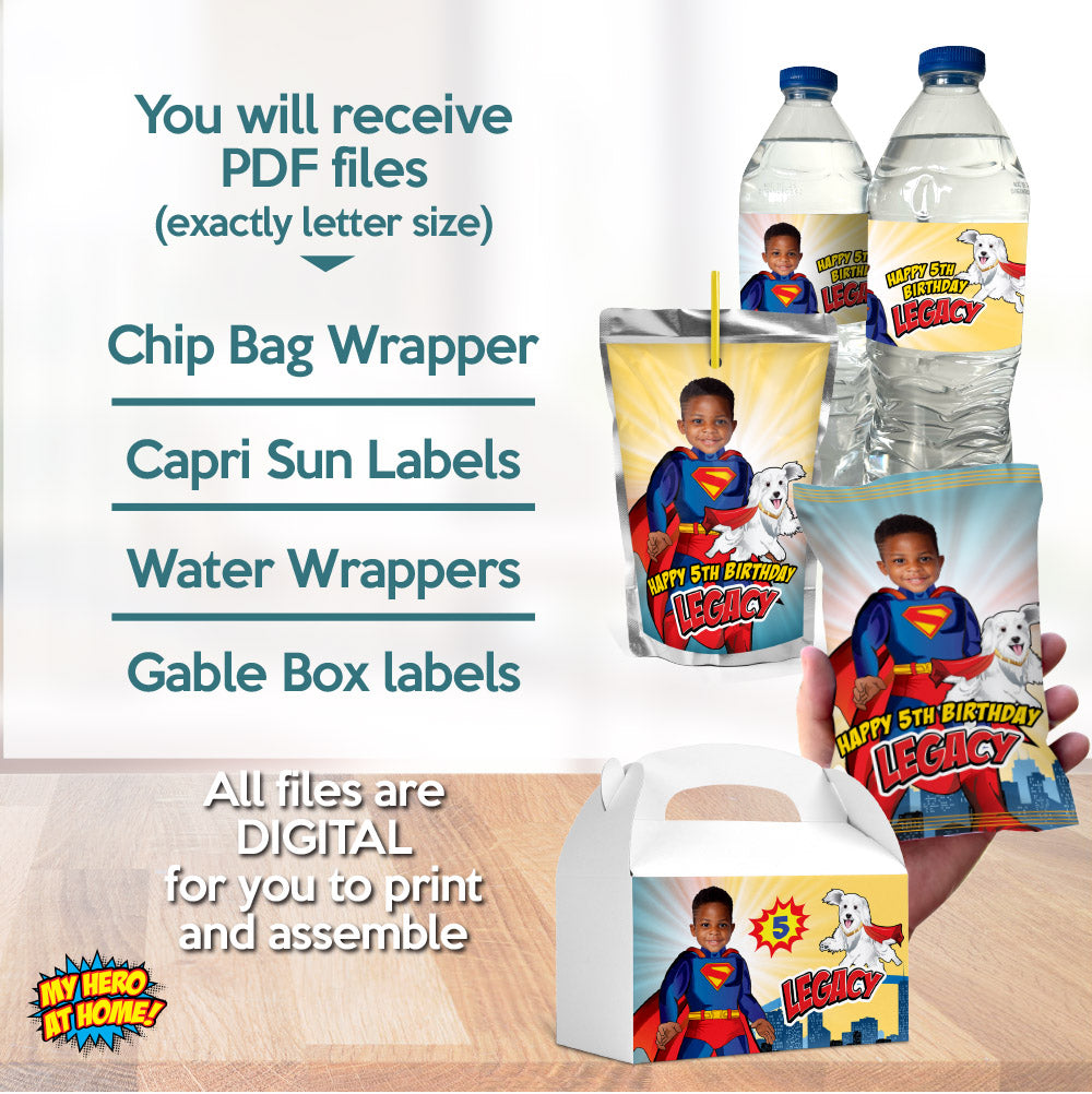 Superman and Krypto snacks labels matching set, young Superman and Krypto water wrappers and Juice pouches, Chip bags and gable boxes. 2352B3