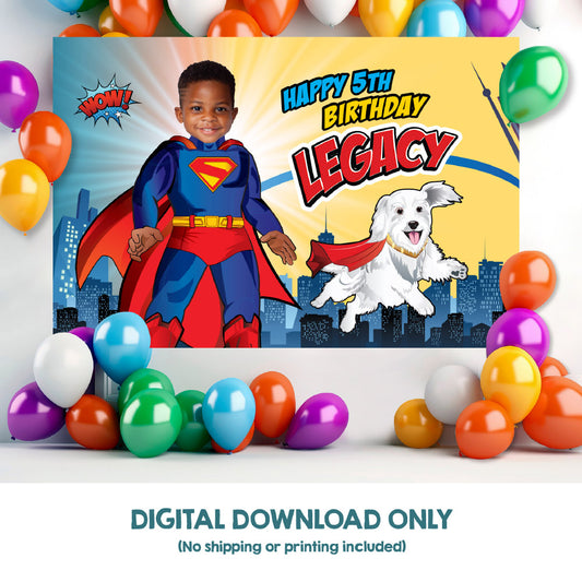 Superman and Krypto Banner with your photo, Superman and Krypto Backdrop, Superman and Krypto party decor. 2352BB