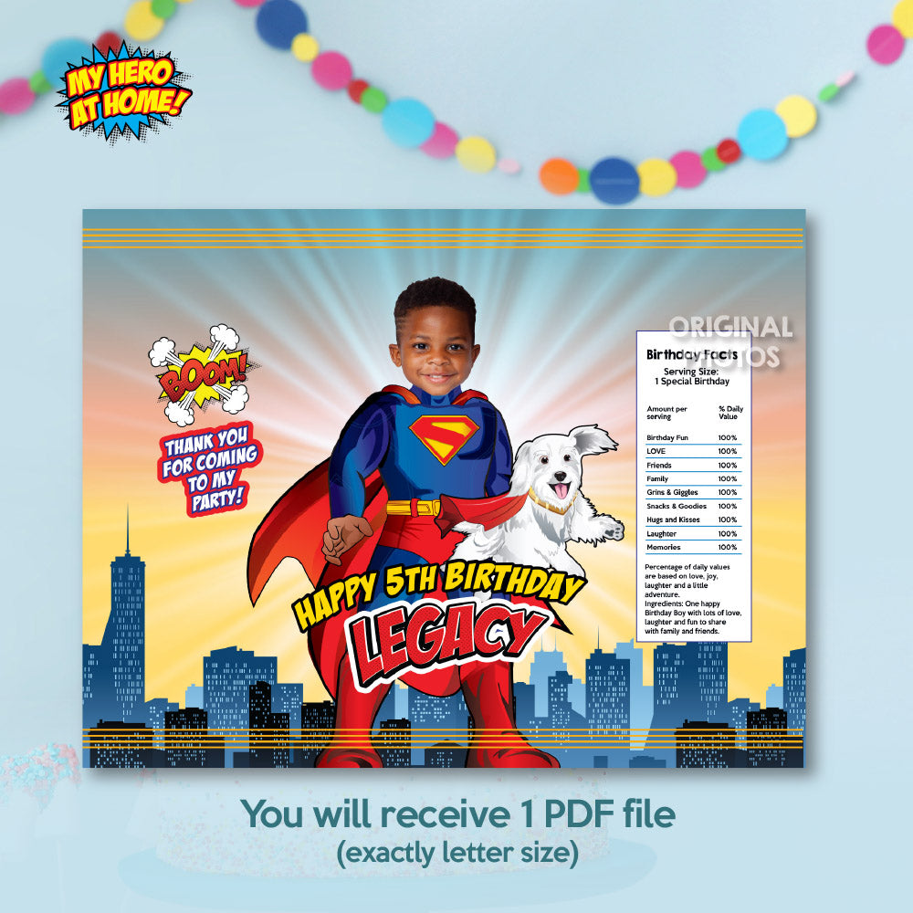 Bundle Superman and Krypto Party table, Cake Topper, snacks labels, Chip bags, Water labels and Gable box. 2352B1