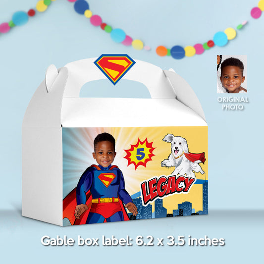 Superman and Krypto Gable Box label, Superkid and Krypto Gift Box with photo, Superman and Krypto Box candy box favor. 2352GB