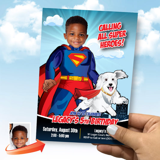 Personalized Superman and Kripto party invitation with your kid as Superman, Superman and Kripto template. 2352IN