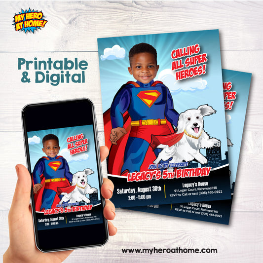 Personalized Superman and Kripto party invitation with your kid as Superman, Superman and Kripto template. 2352IN