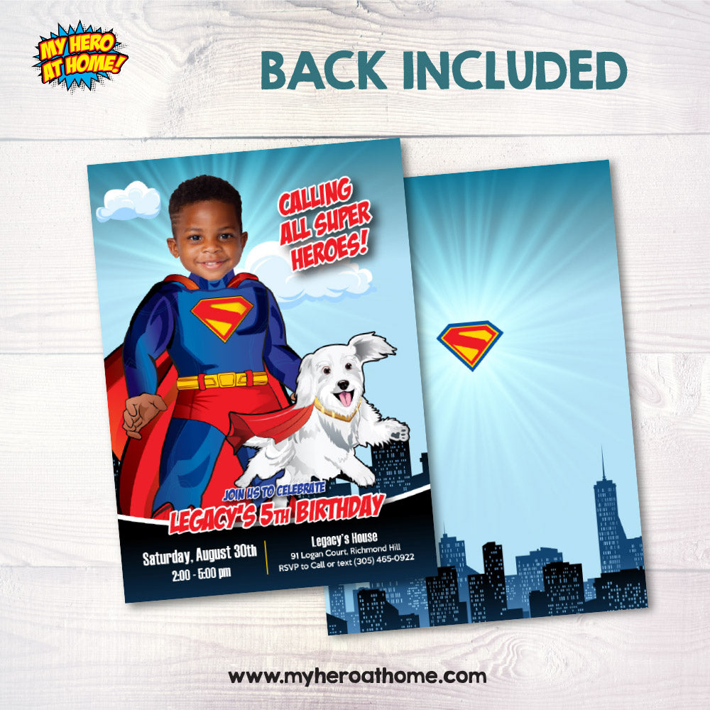 Personalized Superman and Kripto party invitation with your kid as Superman, Superman and Kripto template. 2352IN