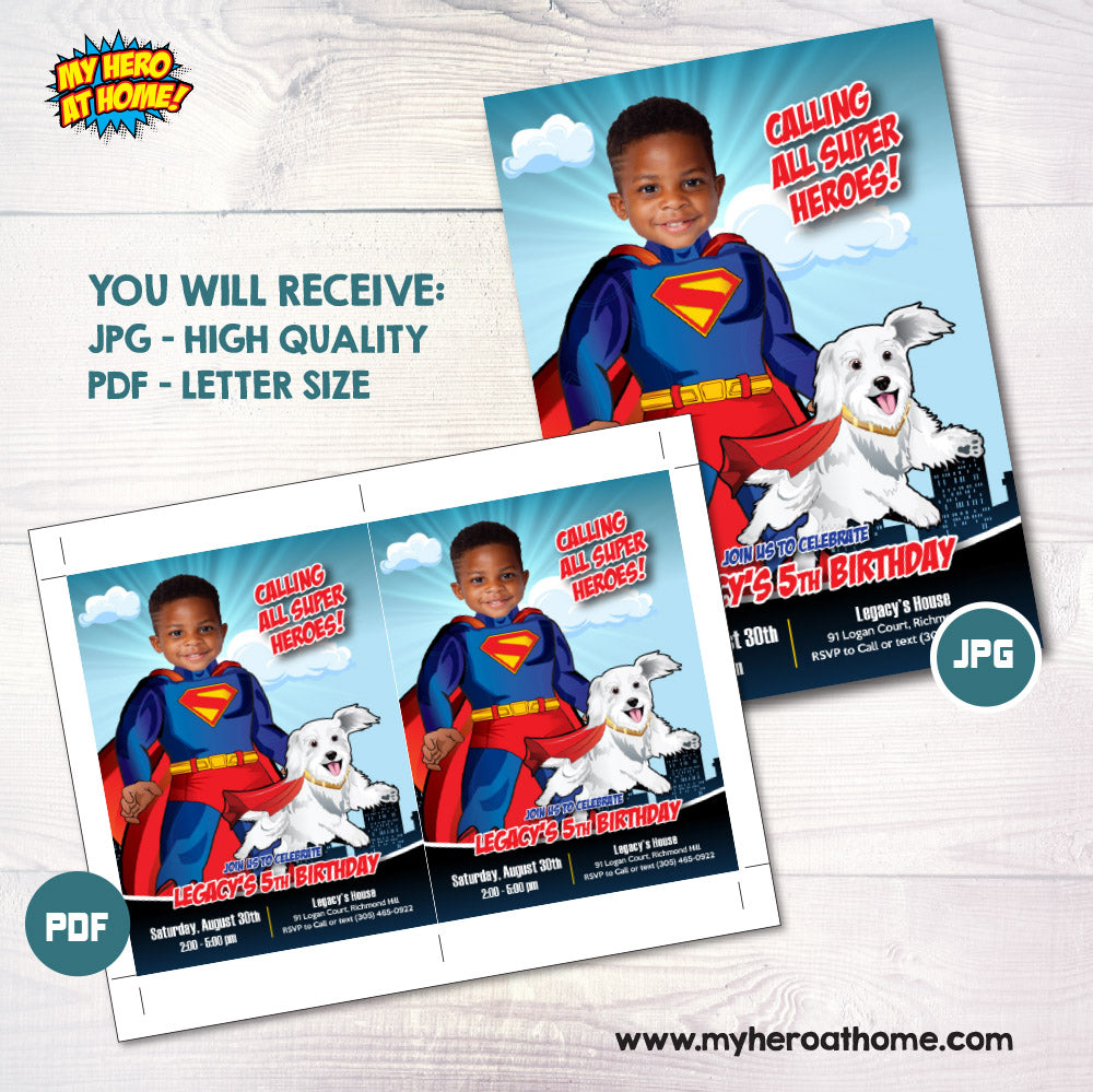 Personalized Superman and Kripto party invitation with your kid as Superman, Superman and Kripto template. 2352IN