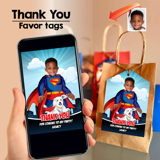 Superman and Kripto Thank you card, Superman and Kripto Favor tags, Personalized Superman Kripto party favors tags. 2352TY