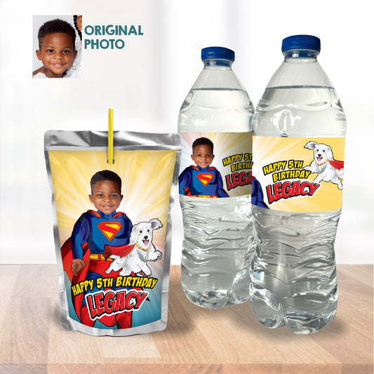 Superman and Krypto water labels, Superman and Krypto Capri sun labels, Krypto and Superkid party drinks labels. 2352WJ