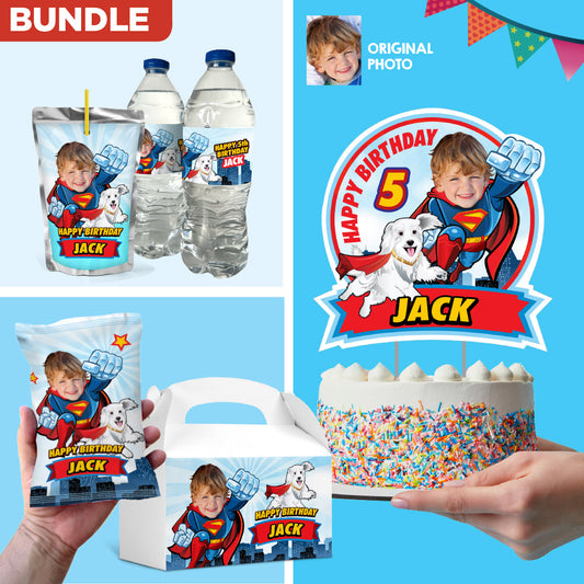 Superman and Krypto Birthday table Bundle, Superman and Krypto Cake ideas, snacks labels, Chip bags, Juices labels and candy box. 2353B1