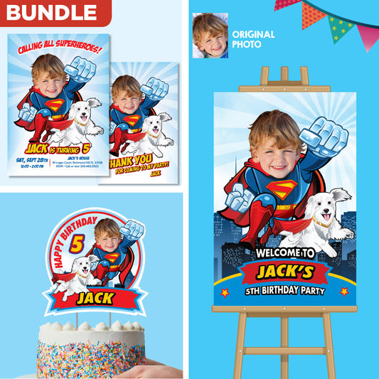 Superman and Krypto Birthday Party Matching decor, Superkid and Krypto Invite and Thanks, Custom Superkid Welcome Sign and Krypto Cake Topper. 2353B2