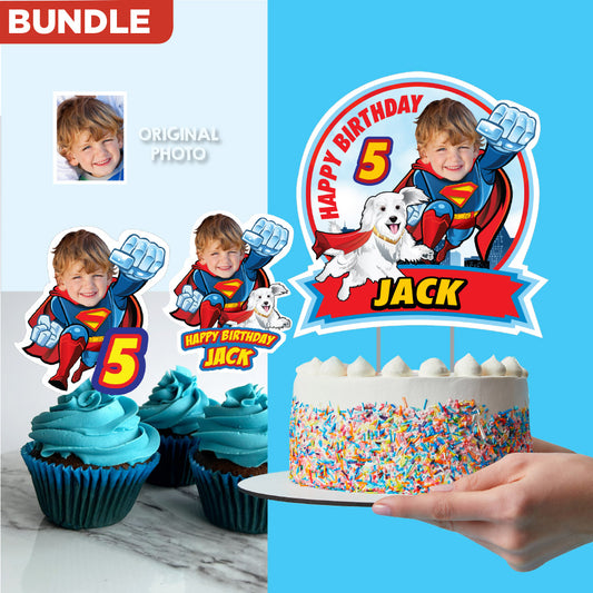 Matching cupcake and cake toppers for a Superman and Krypto-themed birthday party with your kid as Superman, Krypto cupcake toppers. 2353B5