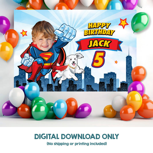 Joint Superman and Krypto Banner, Superman Krypto the dog Backdrop, Superkid and Krypto party decor. 2353BB