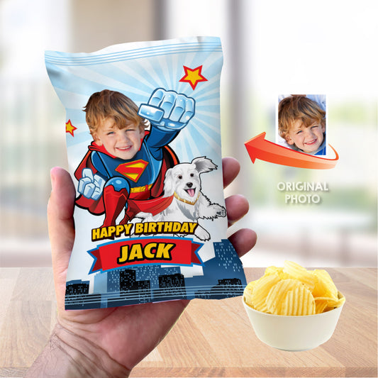 Superman & Krypto personalized chip bags and snack wrappers , Superman and Krypto Party Favors bags. 2353CB