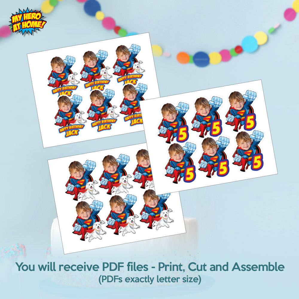 Matching cupcake and cake toppers for a Superman and Krypto-themed birthday party with your kid as Superman, Krypto cupcake toppers. 2353B5