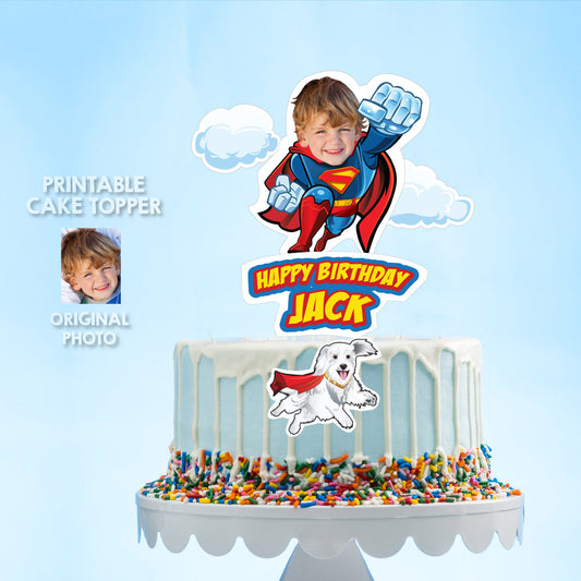 Superman and puppy Krypto party Cake, Superman and pup Krypto printable cake, New Superkid and puppy Krypto birthday cake. 2353CT2