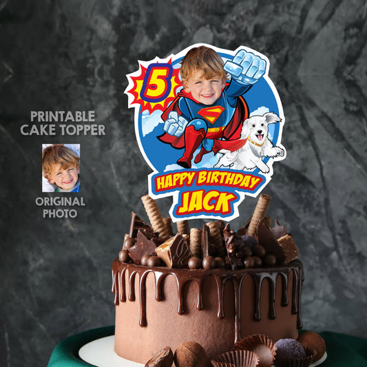 Superman and puppy Krypto party Cake, Superman and pup Krypto printable cake, New Superkid and puppy Krypto birthday cake. 2353CT2