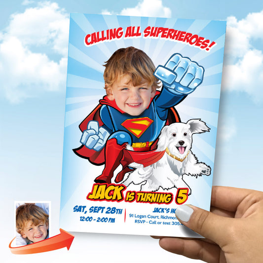 Customized Superman and Kripto birthday invitation with your kid as the star, Superman and Kripto party template. 2353IN