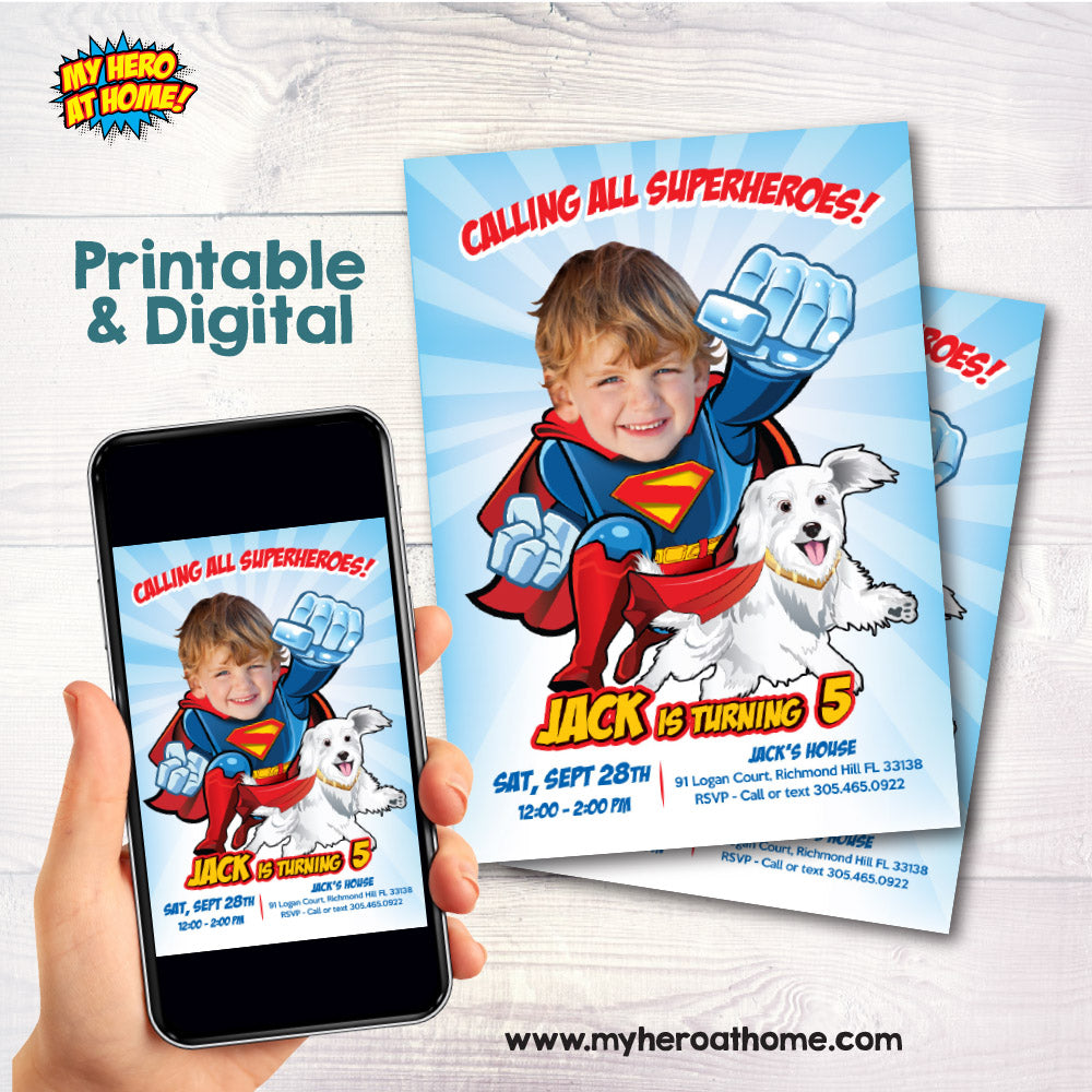Customized Superman and Kripto birthday invitation with your kid as the star, Superman and Kripto party template. 2353IN