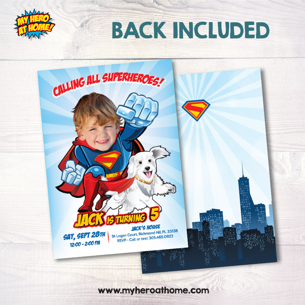 Customized Superman and Kripto birthday invitation with your kid as the star, Superman and Kripto party template. 2353IN