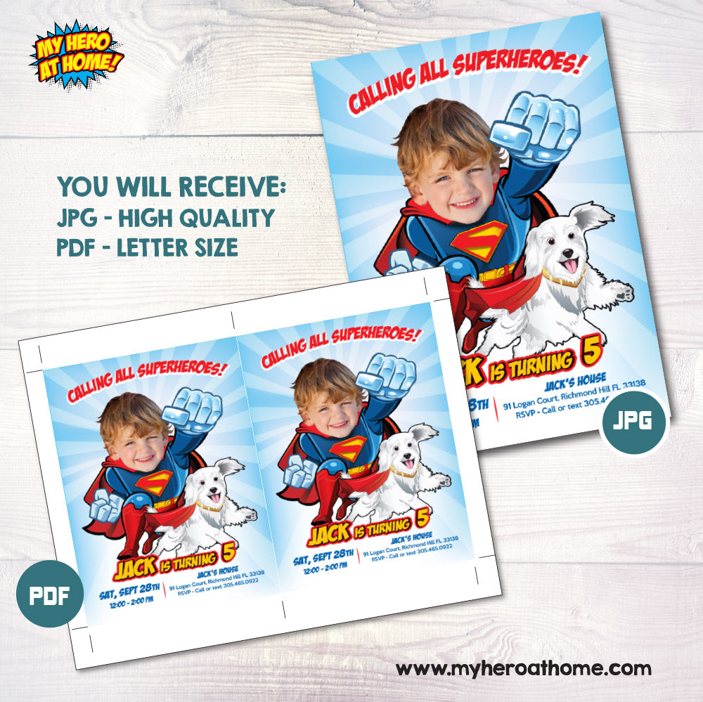 Customized Superman and Kripto birthday invitation with your kid as the star, Superman and Kripto party template. 2353IN