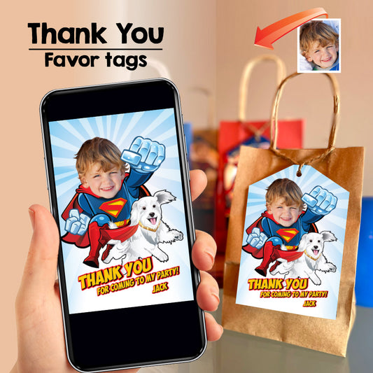 Superman and superdog Kripto Thank you card, Superman and Kripto Favor tags, Superman and Kripto thanks tags. 2353TY