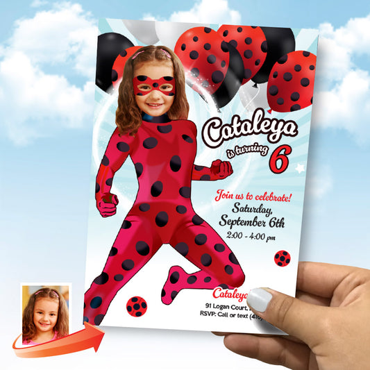 Your own Ladybug party invitation with your kid as the star, Ladybug birthday template, Ladybug digital flyer, Miraculous Ladybug birthday ideas. 2358IN