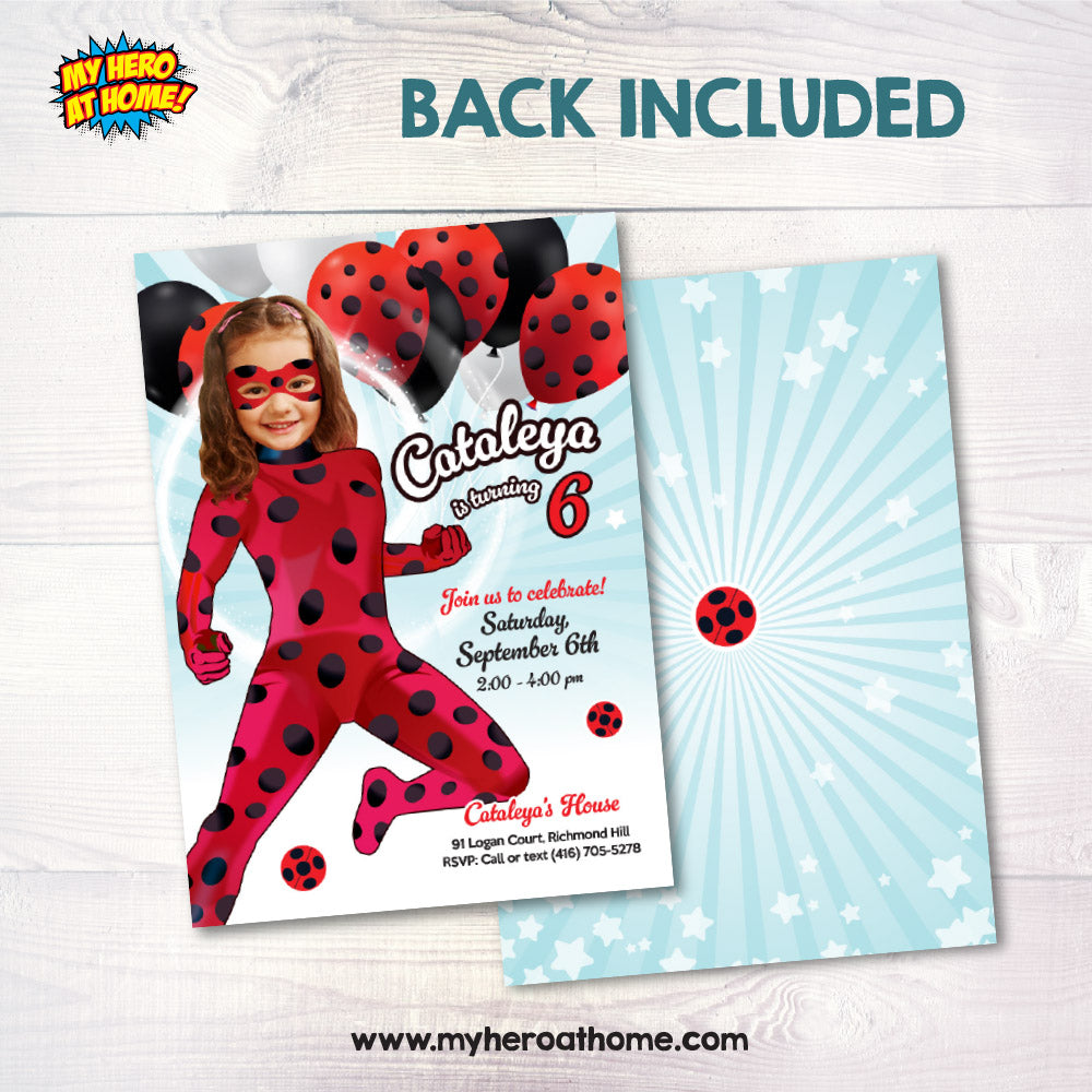 Your own Ladybug party invitation with your kid as the star, Ladybug birthday template, Ladybug digital flyer, Miraculous Ladybug birthday ideas. 2358IN